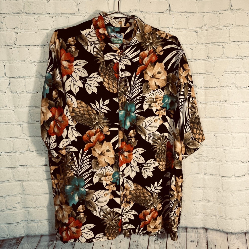 Reyn Spooner Mens Large Hawaiian Shirt Rayon Floral Pineapple Black Button Down